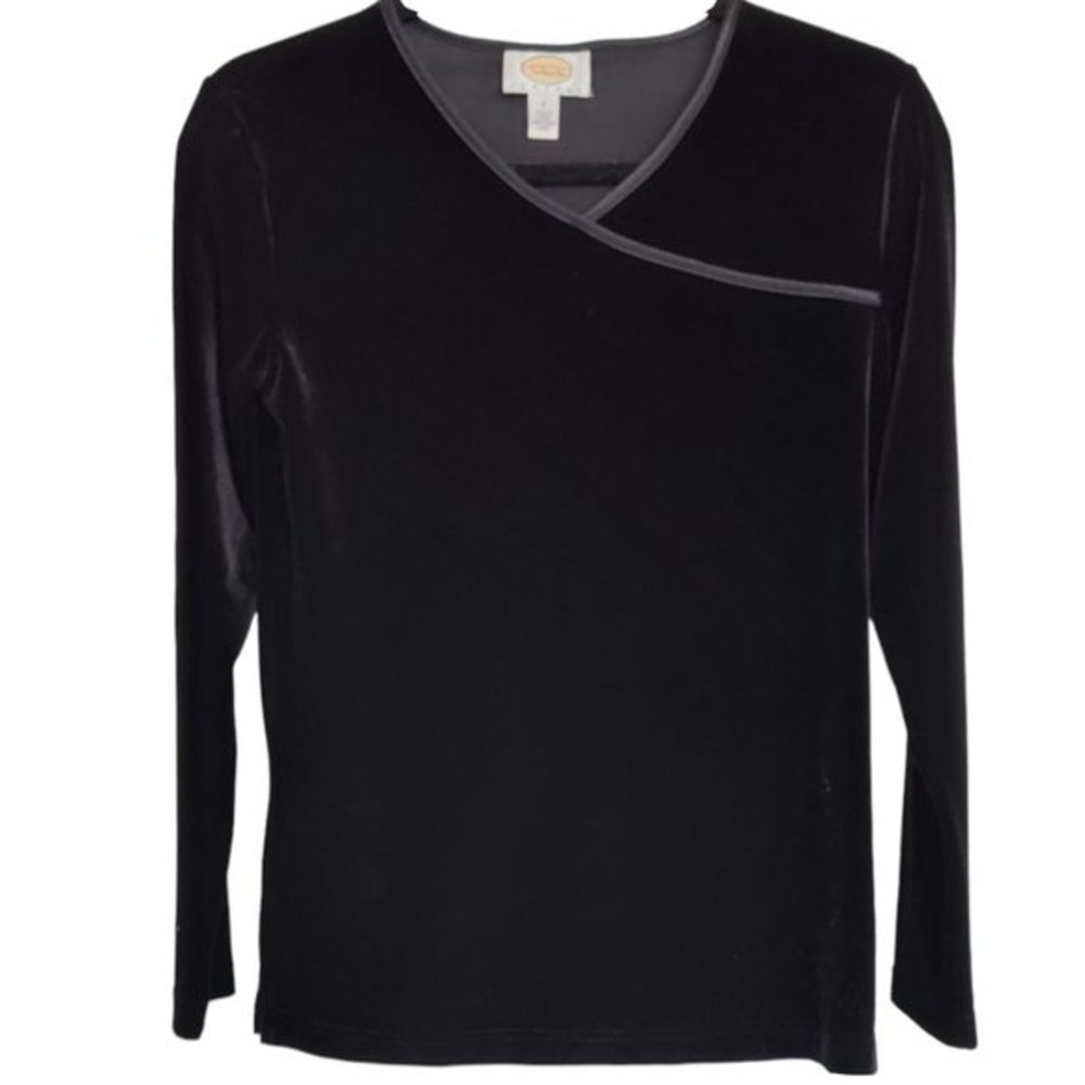 Talbots Vintage Black Velvet Stretch V Neck Satin Trim Long Sleeve Top Petite P